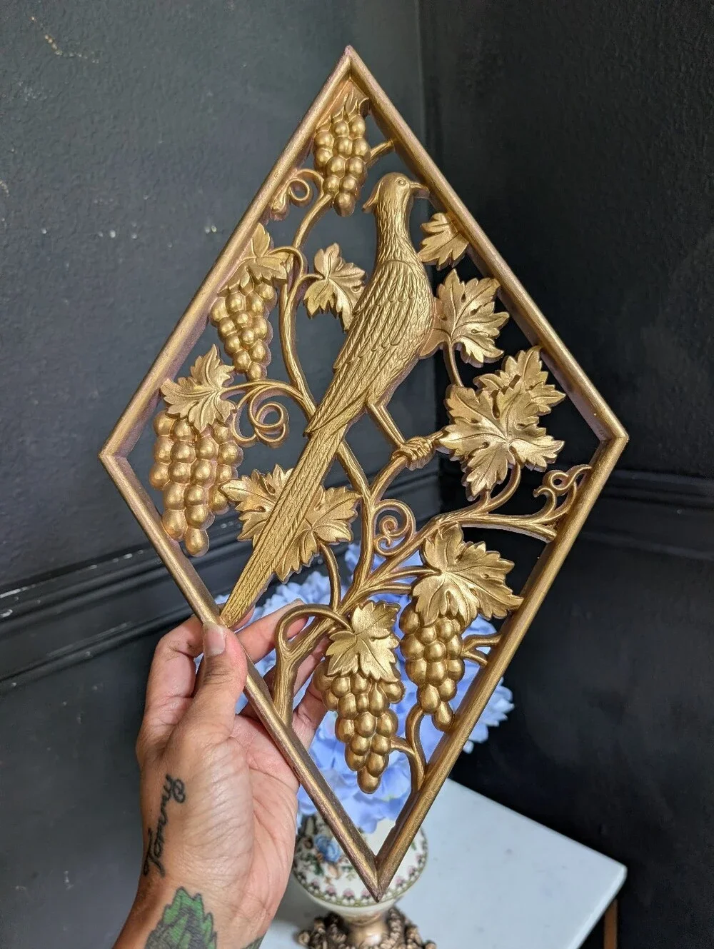 Vintage 70's MCM Gold Burwood Homco Bird Grapes Plaque Wall Decor Hanging, 16.5